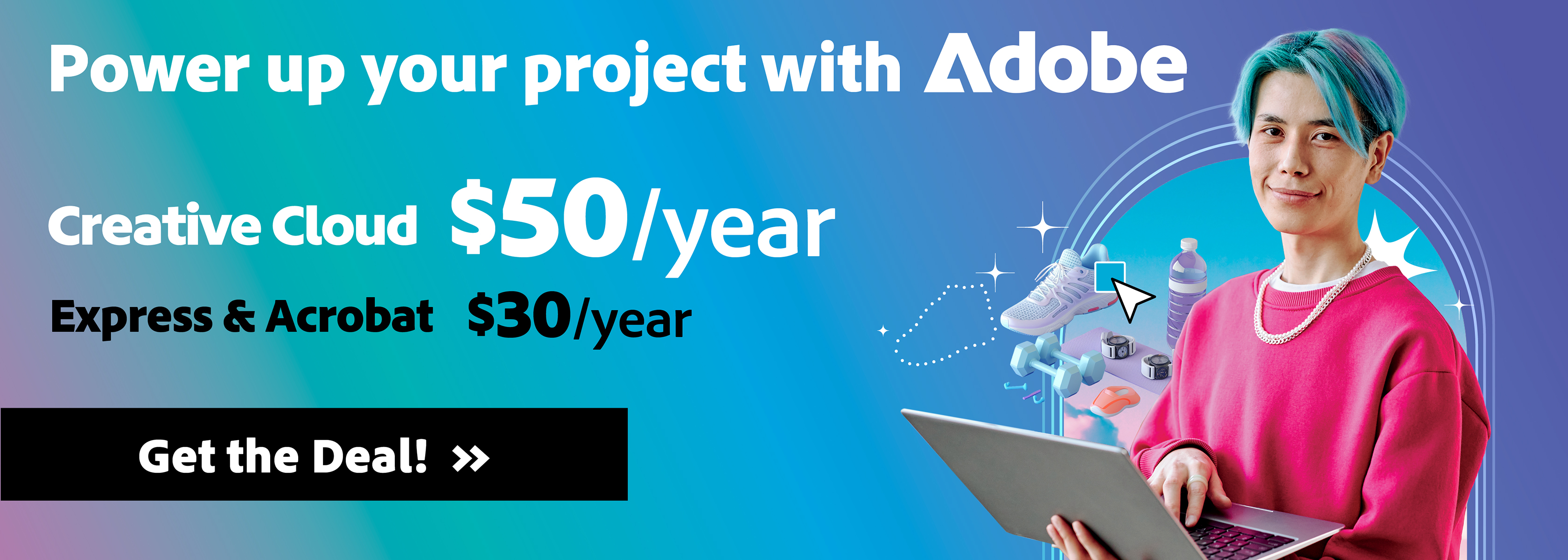 media flyer describe exclusive UC Student pricing for Adobe. $50 for Creative Cloud, $30 for Acrobat + Photo Express